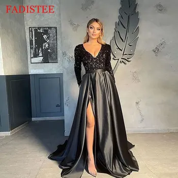 2022 Yeni Stil Sequins V Yaka Uzun Kollu Seksi Yan Yarık balo kıyafetleri Kat Uzunluk Zarif Elbise Kadınlar Düğün Parti İçin