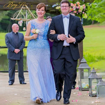 Berylove Kraliyet Mavi anne gelinlik Parlak Boncuk Düğün Konuk Elbise Bir Çizgi ünlü elbiseleri Anne vestidos formales