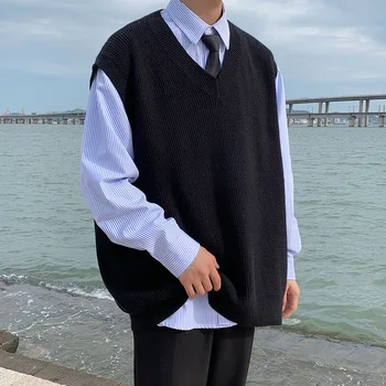 Erkek Pamuklu Kazak Yelek Kore Tarzı Katı V Yaka Geniş Giyim 2021 Streetwear Moda Kazak Örme Rahat Erkek Kazak