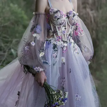 FATAPAESE Dantel Örgü ve Çiçekler Off-omuz Prenses düğün elbisesi Bezemeler Korse Kabarık Kollu Tül Etek Elbise