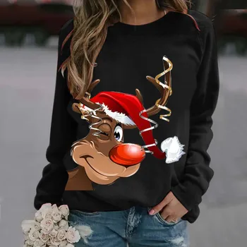 Kış kadın Moda Kazak Noel Sevimli 3D Baskı T - shirt Uzun Kollu Kazak Casual Crewneck Gevşek Rahat Üst