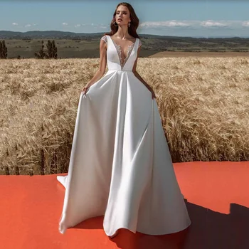 Saten V Yaka HY185 düğün elbisesi Kadınlar İçin 2023 Kat Uzunluk Zarif Dantel Basit Gelin Prenses Törenlerinde Vestidos De Novia